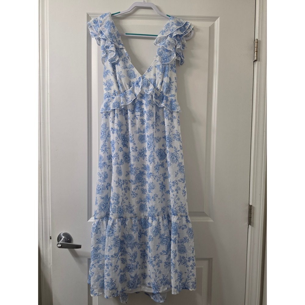 Altar'd State Blue White Floral Swiss Dot Ruffle Tiered Midi Dress XL